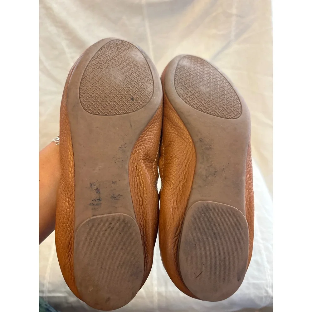 Tory Burch Minnie Travel Ballet Flats Tan Leather Gold Logo 50393 Size 7.5M